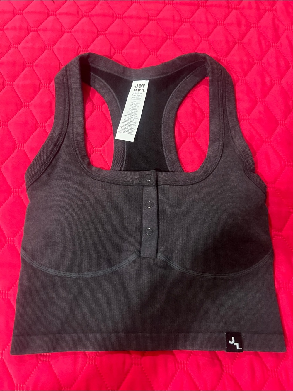 JoyLab Charcoal Racerback Snap-Front Crop Tank/Athletic Top.
